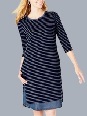 Women’s J.Jill Striped Blue Knit Chambray 3/4 Sleeve Shift Dress Size M Tall
